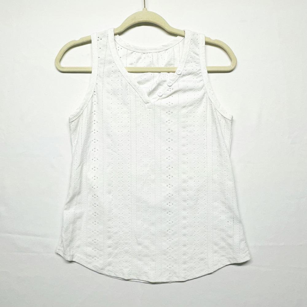 Shein Women's Sleeveless White Eyelet Top Button Accents V-neck Vintage‎ Style M